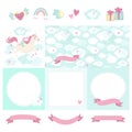 Unicorn theme. Big set of cute blank cards and tags with seamless pattern